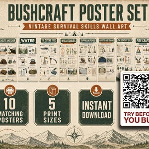 Bushcraft posterset | Vintage survivalvaardigheden muurdecoratie | Gids voor vuur, knopen, onderdak en water | Decoratie voor mancave | Downloadbaar