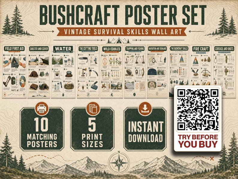 K&ouml;nnte beinhalten: Ein Set aus zehn Bushcraft-Postern mit Illustrationen zu Survival-Techniken, darunter Erste Hilfe, Unterst&auml;nde, Wasser, Werkzeuge, essbare Pflanzen, Fallenbau, Navigation, Bushcraft-F&auml;higkeiten, Feuer machen und Knoten, inklusive QR-Code.