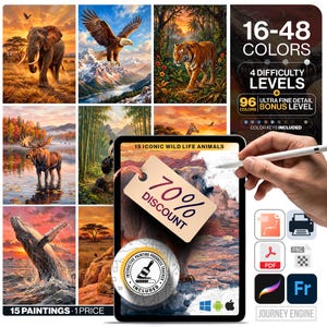 Pode incluir: Um kit de pintura digital com 15 cenas de animais selvagens, incluindo um elefante, águia, tigre, alce, panda e baleia. A interface exibe 16-48 cores, 4 níveis de dificuldade, um nível bónus de 96 cores e um rastreador de progresso.