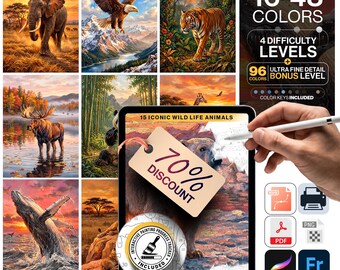 Wildlife Paint by Numbers Bundle | 15 Animal Digital Kits | 5 Levels 16-96 Colors | Svg Pdf Png Procreate | Wildlife Bucket List