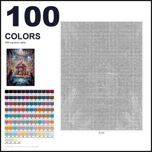 May include: A paint-by-numbers kit featuring a large grid of 100 squares wide, a reference image of a fantasy structure with crystals, and a color palette chart with 100 numbered swatches. The text 100 COLORS and 100 squares wide is visible.