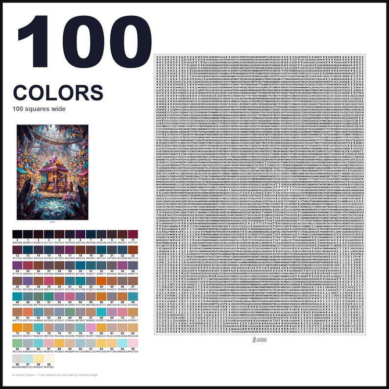 May include: A paint-by-numbers kit featuring a large grid of 100 squares wide, a reference image of a fantasy structure with crystals, and a color palette chart with 100 numbered swatches. The text 100 COLORS and 100 squares wide is visible.