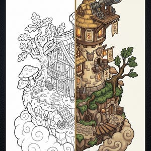Puede incluir: Ilustraci&oacute;n detallada de una torre y una casa de fantas&iacute;a, con una comparaci&oacute;n de 'Antes' y 'Despu&eacute;s'. La torre tiene un telescopio, banderas y un tejado de paja. La casa tiene un exterior de madera. La escena est&aacute; ambientada en un afloramiento rocoso.