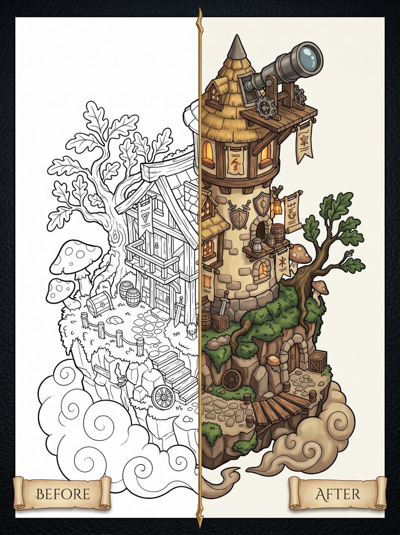 Puede incluir: Ilustraci&oacute;n detallada de una torre y una casa de fantas&iacute;a, con una comparaci&oacute;n de 'Antes' y 'Despu&eacute;s'. La torre tiene un telescopio, banderas y un tejado de paja. La casa tiene un exterior de madera. La escena est&aacute; ambientada en un afloramiento rocoso.