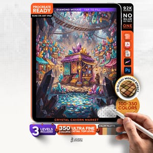May include: A digital diamond mosaic art file titled Crystal Cavern Market for Procreate, featuring a vibrant marketplace scene with purple stalls, colorful crystals, and a water feature. Includes 350 colors, 3 levels, and 92K squares for iPad.