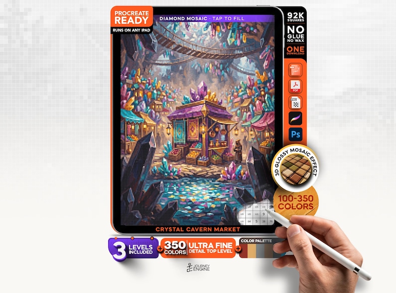 May include: A digital diamond mosaic art file titled Crystal Cavern Market for Procreate, featuring a vibrant marketplace scene with purple stalls, colorful crystals, and a water feature. Includes 350 colors, 3 levels, and 92K squares for iPad.