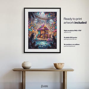 May include: A framed digital art print featuring a fantasy marketplace with purple stalls, glowing crystals, and a reflective pond. Text includes: Ready to print artwork included, High-resolution PNG + PDF sized for A3, Scalable SVG poster print up to 60x90 cm, No numbers, no outlines just the finished art.