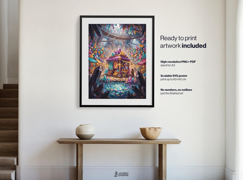 May include: A framed digital art print featuring a fantasy marketplace with purple stalls, glowing crystals, and a reflective pond. Text includes: Ready to print artwork included, High-resolution PNG + PDF sized for A3, Scalable SVG poster print up to 60x90 cm, No numbers, no outlines just the finished art.