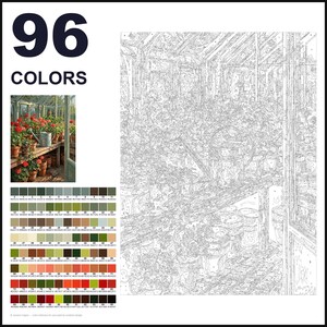 May include: A paint-by-numbers kit featuring a greenhouse scene with potted plants and a watering can. The design includes a numbered outline, a small color reference image, and a palette of 96 colors with corresponding hex codes for painting.