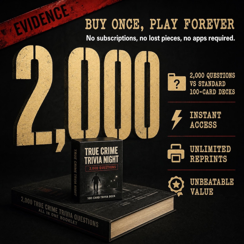 May include: A True Crime Trivia Night card deck box and a matching booklet on a black background. Large gold text reads 2,000. Text includes: Buy once, play forever, no subscriptions, no lost pieces, no apps required, instant access, and unlimited reprints.