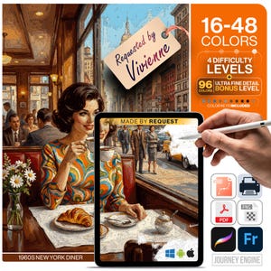 May include: A digital paint-by-number kit featuring a 1960s New York diner scene with a person in a colorful patterned top at a table with a croissant. The kit includes 16-48 colors, 4 difficulty levels, a bonus level, and digital file formats.