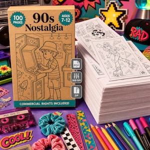 May include: A selection of 90s-themed items, including a colouring book titled "90s Nostalgia" with 100 pages for ages 7-12, a cassette tape, scrunchies, and a Game Boy. The image has a retro aesthetic with vibrant colours.