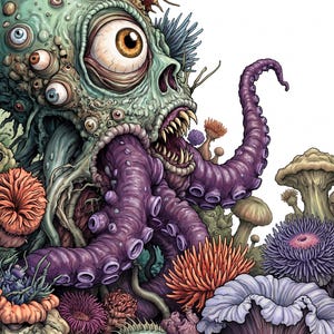 May include: A detailed illustration of a multi-eyed, pale green creature with a large central eye and sharp teeth, extending a purple tentacle. The scene includes various colorful sea anemones, coral-like structures, and a small fish at the base.