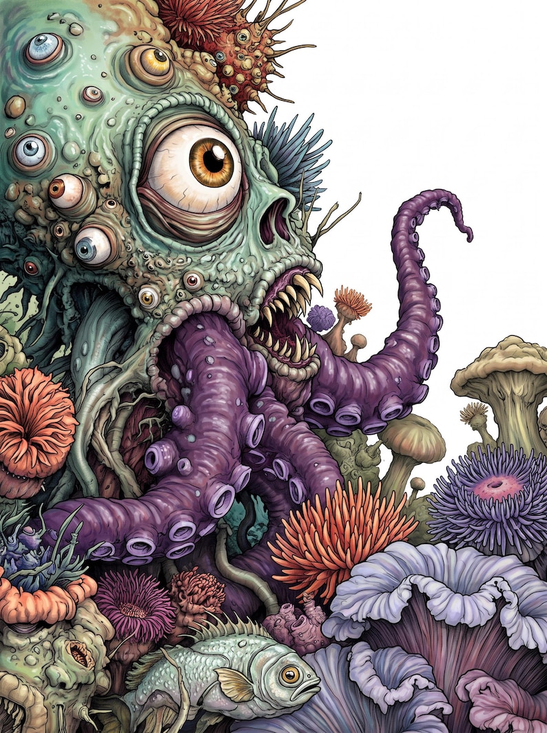 May include: A detailed illustration of a multi-eyed, pale green creature with a large central eye and sharp teeth, extending a purple tentacle. The scene includes various colorful sea anemones, coral-like structures, and a small fish at the base.