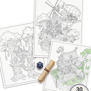 Puede incluir: Tres p&aacute;ginas para colorear con tem&aacute;tica de fantas&iacute;a con dibujos lineales detallados de una casa en el &aacute;rbol, un pueblo con un molino de viento y un dirigible, y una casa con un drag&oacute;n en el tejado. Tambi&eacute;n hay un dado azul y un pergamino. Las p&aacute;ginas est&aacute;n etiquetadas con "30 Pages &bull; PDF".