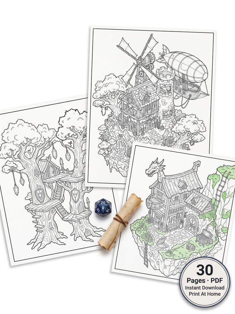 Puede incluir: Tres p&aacute;ginas para colorear con tem&aacute;tica de fantas&iacute;a con dibujos lineales detallados de una casa en el &aacute;rbol, un pueblo con un molino de viento y un dirigible, y una casa con un drag&oacute;n en el tejado. Tambi&eacute;n hay un dado azul y un pergamino. Las p&aacute;ginas est&aacute;n etiquetadas con "30 Pages &bull; PDF".
