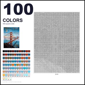 May include: A paint-by-numbers guide featuring the text 100 COLORS 100 squares wide. It includes a small reference image of the Golden Gate Bridge, a large grid filled with numerical codes, and a color palette chart with 100 numbered color swatches.