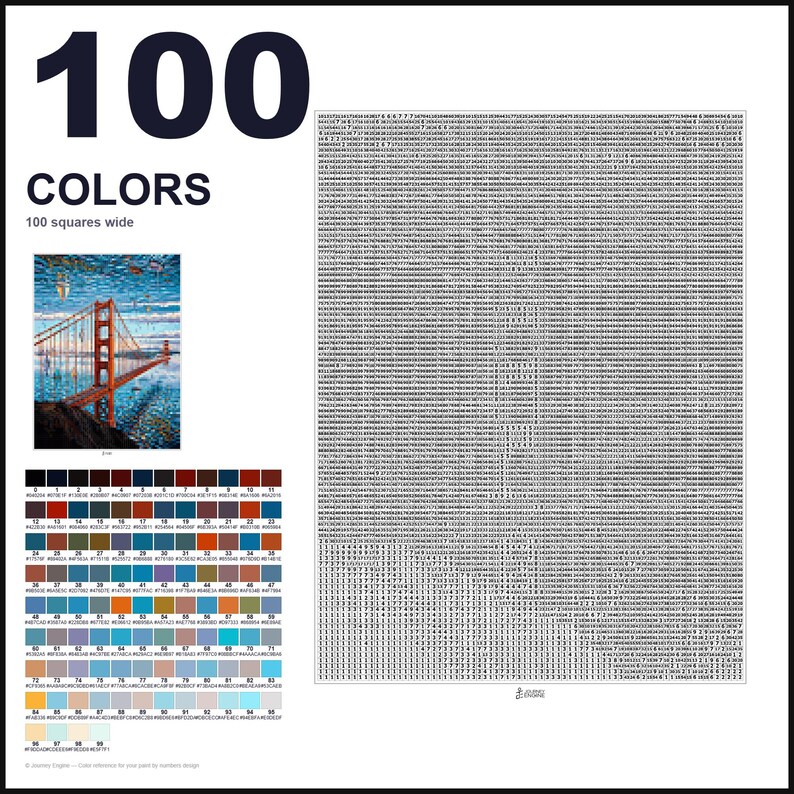 May include: A paint-by-numbers guide featuring the text 100 COLORS 100 squares wide. It includes a small reference image of the Golden Gate Bridge, a large grid filled with numerical codes, and a color palette chart with 100 numbered color swatches.