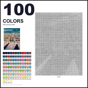 May include: A paint-by-numbers pattern featuring a beach scene with colorful umbrellas, a large grid filled with numerical codes, and a color reference chart labeled 100 COLORS 100 squares wide, displaying 100 distinct color swatches with codes.