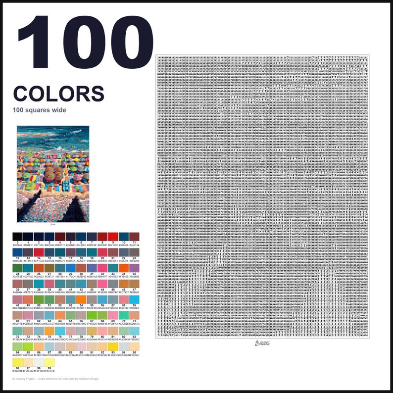 May include: A paint-by-numbers pattern featuring a beach scene with colorful umbrellas, a large grid filled with numerical codes, and a color reference chart labeled 100 COLORS 100 squares wide, displaying 100 distinct color swatches with codes.