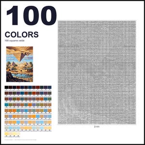 May include: A paint-by-numbers guide featuring the text 100 COLORS and 100 squares wide. It includes a small color reference image of pyramids in a desert, a grid of 100 numbered color swatches with hex codes, and a large grid of numbers.