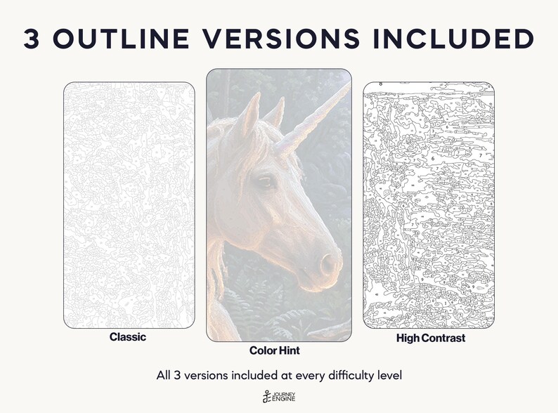 May include: Three paint-by-number templates featuring a unicorn. The left is a classic light outline, the center is a color hint version with a unicorn image, and the right is a high contrast black outline. Text reads 3 OUTLINE VERSIONS INCLUDED.