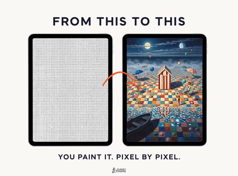 May include: Two tablets displaying a digital painting process. The left screen shows a grid of letters, while the right screen shows a colorful beach scene with a striped cabin, chairs, and a boat. Text reads FROM THIS TO THIS and YOU PAINT IT. PIXEL BY PIXEL.