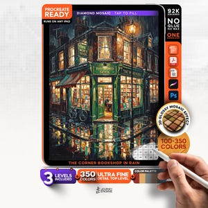 May include: A digital diamond mosaic art kit for Procreate titled The Corner Bookshop in Rain. The artwork depicts a green bookstore at night in the rain with 92K squares, 350 colors, and 3 levels included. Features include a 3D glossy effect.