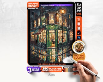 Digital Diamond Painting for iPad, Corner Bookshop in Rain Mosaic, Cozy Color by Number Procreate, 3 Color Levels, Digital Download