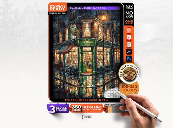 Corner Bookshop in Rain digital diamond painting mystery mosaic for iPad, Cozy Mosaic