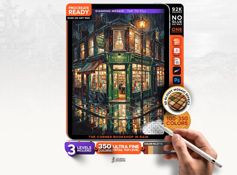 May include: A digital diamond mosaic art kit for Procreate titled The Corner Bookshop in Rain. The artwork depicts a green bookstore at night in the rain with 92K squares, 350 colors, and 3 levels included. Features include a 3D glossy effect.
