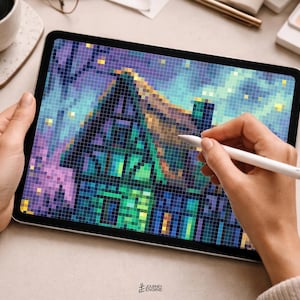 May include: A tablet displaying a pixel art illustration of a house with a steep roof, rendered in shades of blue, green, and purple. The digital artwork features a grid-like texture, with a stylus held over the screen to edit the vibrant, colorful scene.