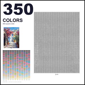 May include: A paint-by-numbers design template featuring a large grid of 350 colors, a small reference image of a Mediterranean street scene with pink flowers and blue buildings, and a large gray grid area labeled 350 squares wide.