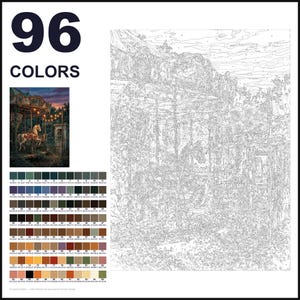 May include: A paint-by-numbers kit featuring a carousel scene with 96 colors. The set includes a large outlined canvas, a small color reference image of a carousel at dusk, and a detailed grid of 96 numbered paint color swatches with codes.