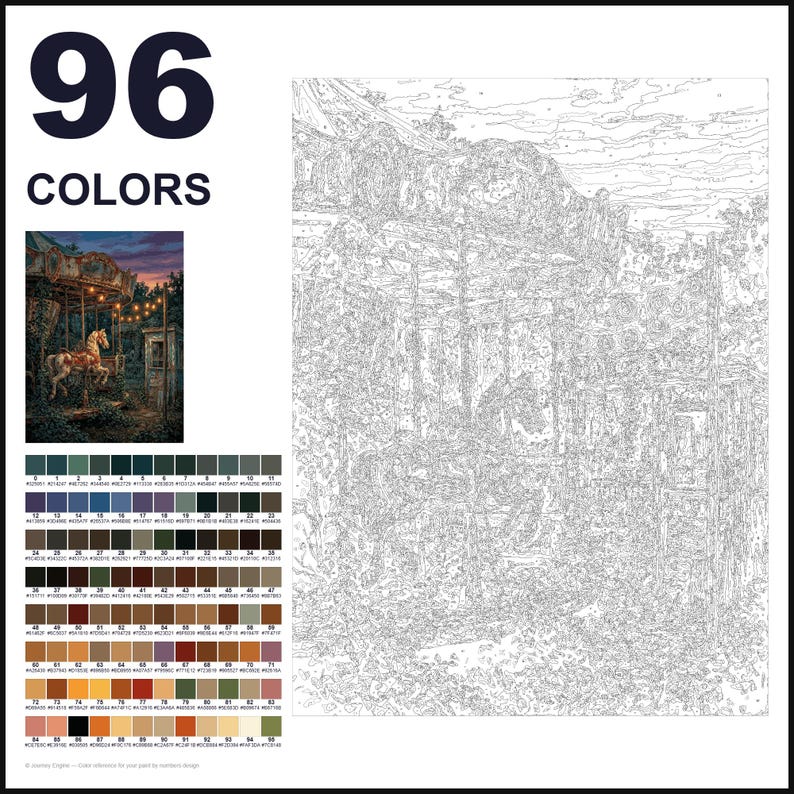 May include: A paint-by-numbers kit featuring a carousel scene with 96 colors. The set includes a large outlined canvas, a small color reference image of a carousel at dusk, and a detailed grid of 96 numbered paint color swatches with codes.