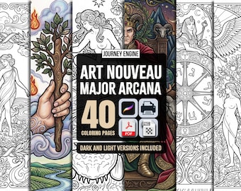Tarotkleurboek voor volwassenen | Grote Arcana art nouveau-illustraties | 40 pagina's | Digitale kleur- en afdrukbare pdf | Direct downloaden