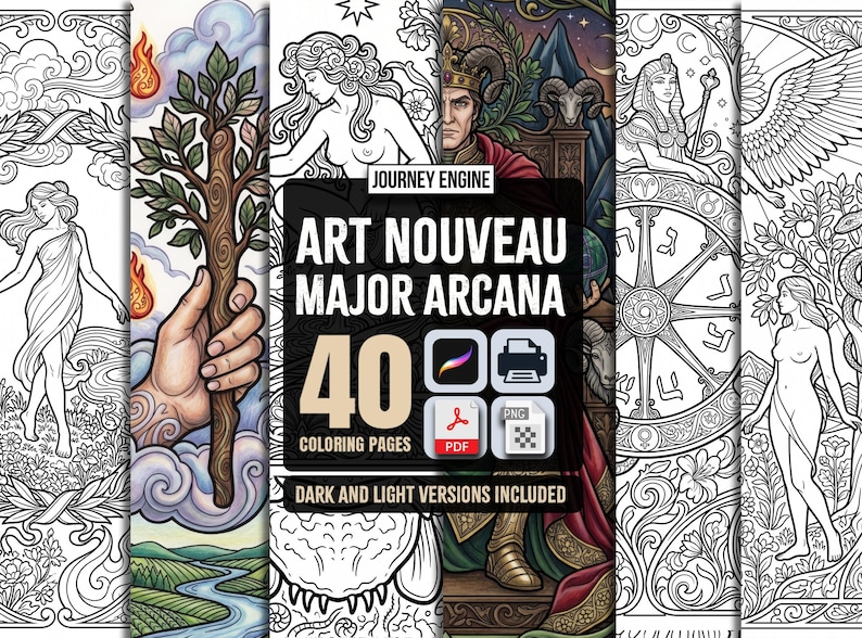 May include: A digital collection of 40 Art Nouveau Major Arcana coloring pages featuring intricate line art and colored illustrations of mythological figures, celestial symbols, and nature motifs, with text reading Journey Engine Art Nouveau Major Arcana.