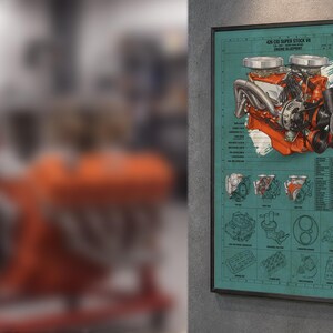 May include: A framed wall print featuring a teal blueprint background with technical diagrams of a 426 CID Super Stock V8 engine. The artwork displays a detailed orange engine illustration, various mechanical schematics, and technical text.