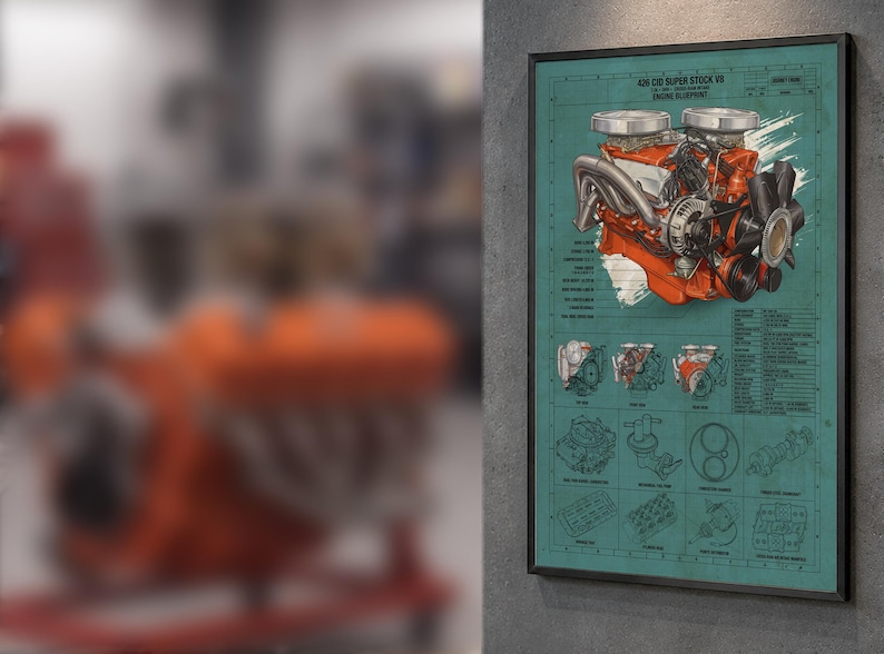 May include: A framed wall print featuring a teal blueprint background with technical diagrams of a 426 CID Super Stock V8 engine. The artwork displays a detailed orange engine illustration, various mechanical schematics, and technical text.