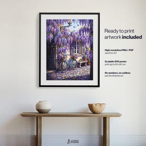 May include: A framed wall art print depicting a light blue bicycle parked on a cobblestone street beneath cascading purple wisteria flowers. The text on the right reads: Ready to print artwork included, High-resolution PNG + PDF sized for A3, Scalable SVG poster print up to 60x90 cm, No numbers, no outlines just the finished art.