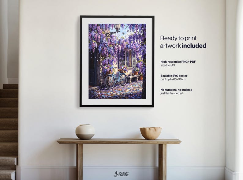 May include: A framed wall art print depicting a light blue bicycle parked on a cobblestone street beneath cascading purple wisteria flowers. The text on the right reads: Ready to print artwork included, High-resolution PNG + PDF sized for A3, Scalable SVG poster print up to 60x90 cm, No numbers, no outlines just the finished art.