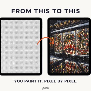 May include: Two tablets display a digital paint-by-number process. The left screen shows a grid of numbered pixels, while the right screen shows a completed, colorful Christmas toy shop scene. Text reads FROM THIS TO THIS and YOU PAINT IT. PIXEL BY PIXEL.