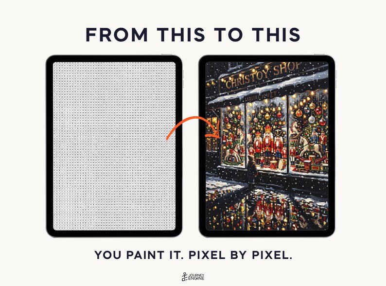 May include: Two tablets display a digital paint-by-number process. The left screen shows a grid of numbered pixels, while the right screen shows a completed, colorful Christmas toy shop scene. Text reads FROM THIS TO THIS and YOU PAINT IT. PIXEL BY PIXEL.