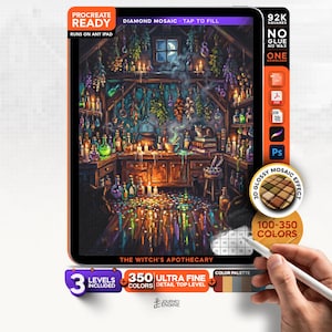 May include: A digital diamond mosaic art kit for iPad titled The Witch's Apothecary, featuring a detailed scene of a candlelit room with shelves of bottles, herbs, and a cauldron. The interface includes Procreate compatibility, 350 colors, and a 3D glossy effect overlay, with a stylus shown interacting with the numbered grid.
