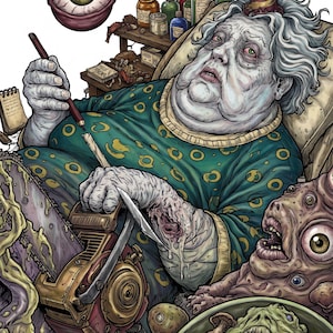 May include: A detailed illustration of an elderly figure with pale skin wearing a green patterned shirt and a party hat. The figure holds a pencil and a chainsaw, surrounded by various bottles, a floating eyeball, and grotesque creatures.