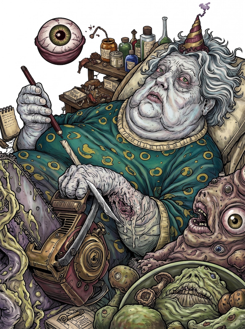 May include: A detailed illustration of an elderly figure with pale skin wearing a green patterned shirt and a party hat. The figure holds a pencil and a chainsaw, surrounded by various bottles, a floating eyeball, and grotesque creatures.