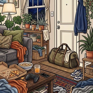 Peut inclure: Une sc&egrave;ne de salon illustr&eacute;e comprenant un canap&eacute; gris avec des coussins orange et verts, une table basse en bois avec une bo&icirc;te &agrave; pizza, une manette de jeu, un verre de jus d'orange, un smartphone et un grand sac de sport vert olive au sol.