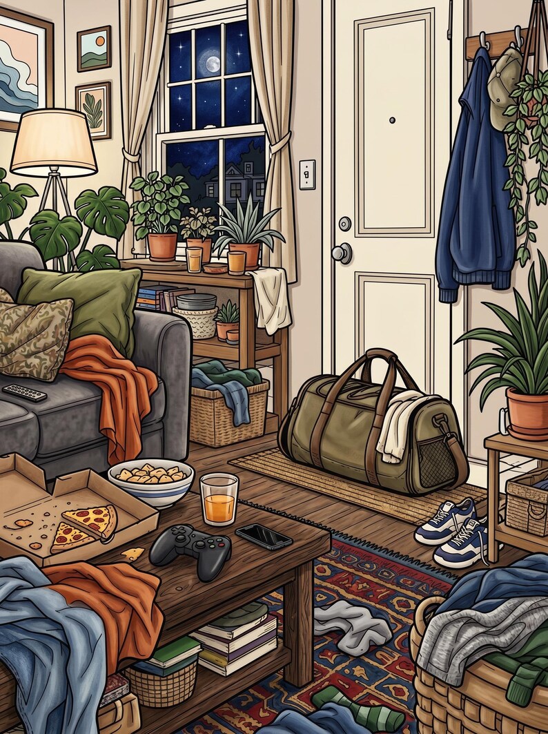Peut inclure: Une sc&egrave;ne de salon illustr&eacute;e comprenant un canap&eacute; gris avec des coussins orange et verts, une table basse en bois avec une bo&icirc;te &agrave; pizza, une manette de jeu, un verre de jus d'orange, un smartphone et un grand sac de sport vert olive au sol.
