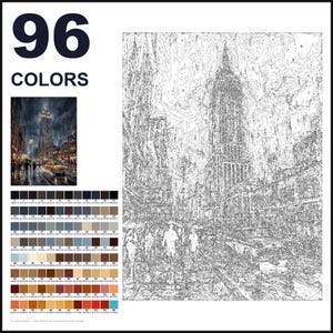 May include: A paint-by-numbers kit featuring a New York City street scene with a tall skyscraper, rain, and yellow taxis. The kit includes a numbered outline canvas, a reference image, and a palette of 96 distinct paint colours with codes.
