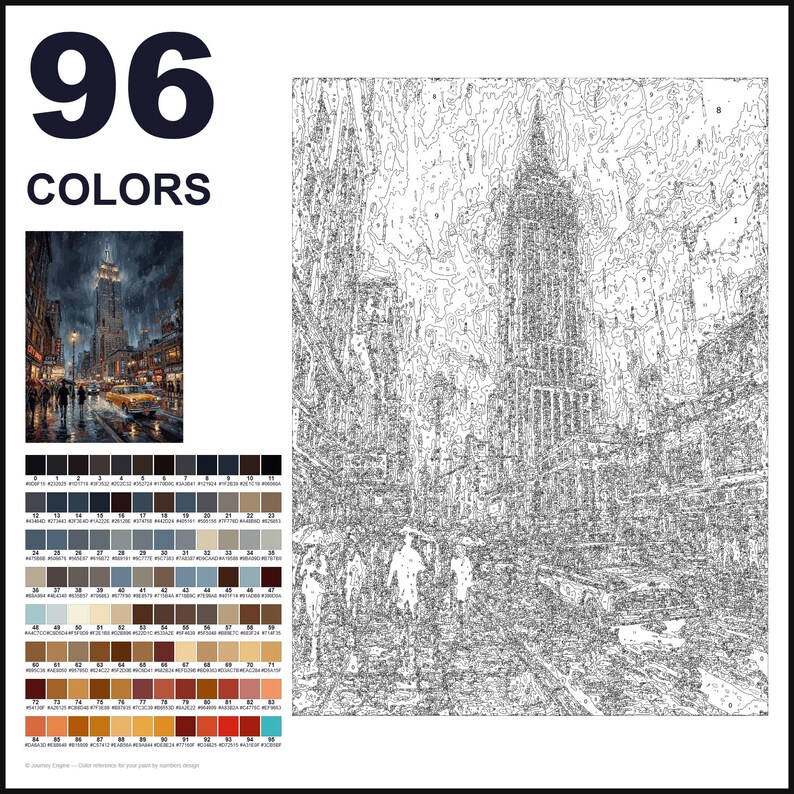 May include: A paint-by-numbers kit featuring a New York City street scene with a tall skyscraper, rain, and yellow taxis. The kit includes a numbered outline canvas, a reference image, and a palette of 96 distinct paint colours with codes.